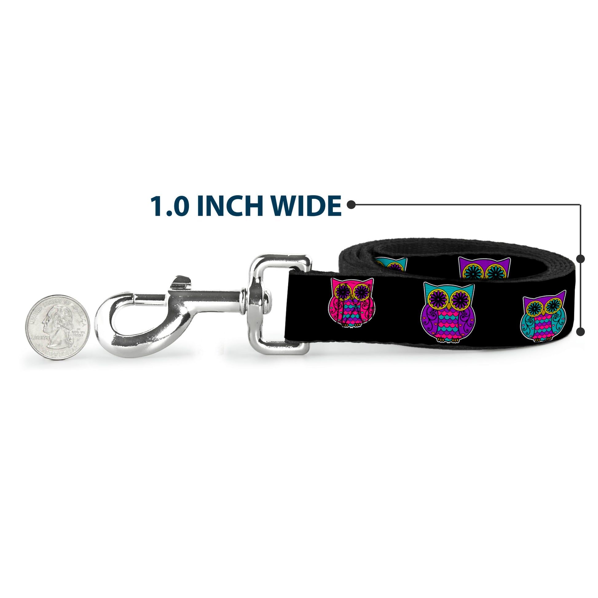 Dog Leash - Owls Black/Fuchsia/Purple/Turquoise Dog Leashes Buckle-Down