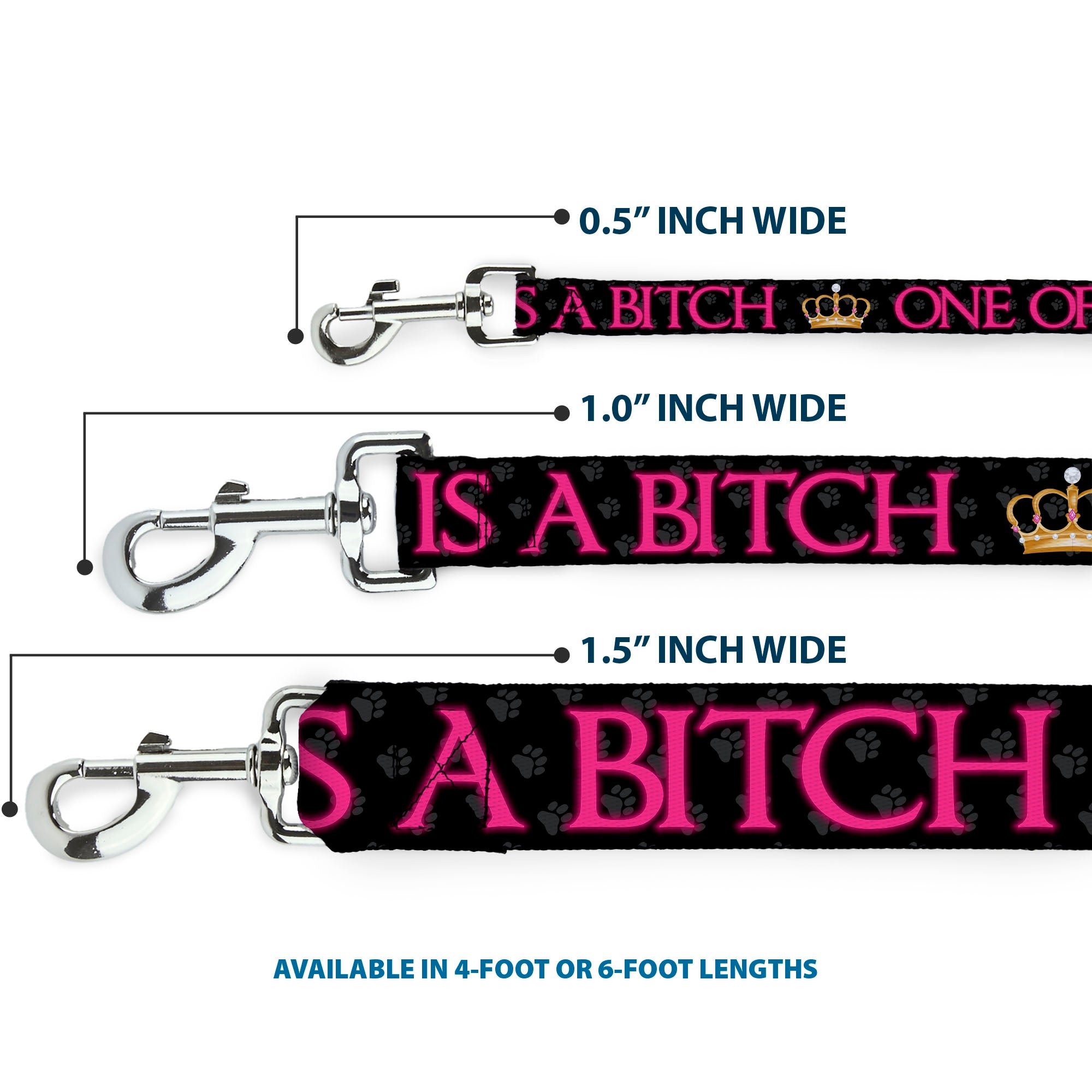 Buckle-Down Dog Leash - ONE OF US IS A BITCH Crown/Paws Black/Gray/Pink Dog Leashes Buckle-Down