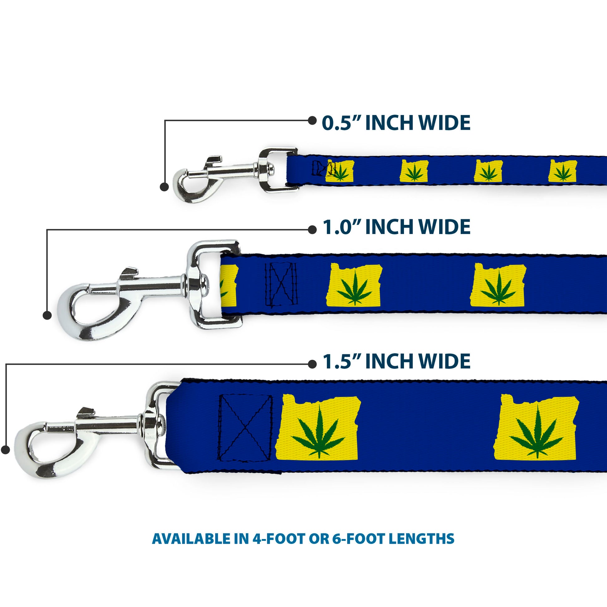 Buckle-Down Dog Leash - Oregon State Silhouette/Marijuana Leaf Blue/Yellow/Green Dog Leashes Buckle-Down