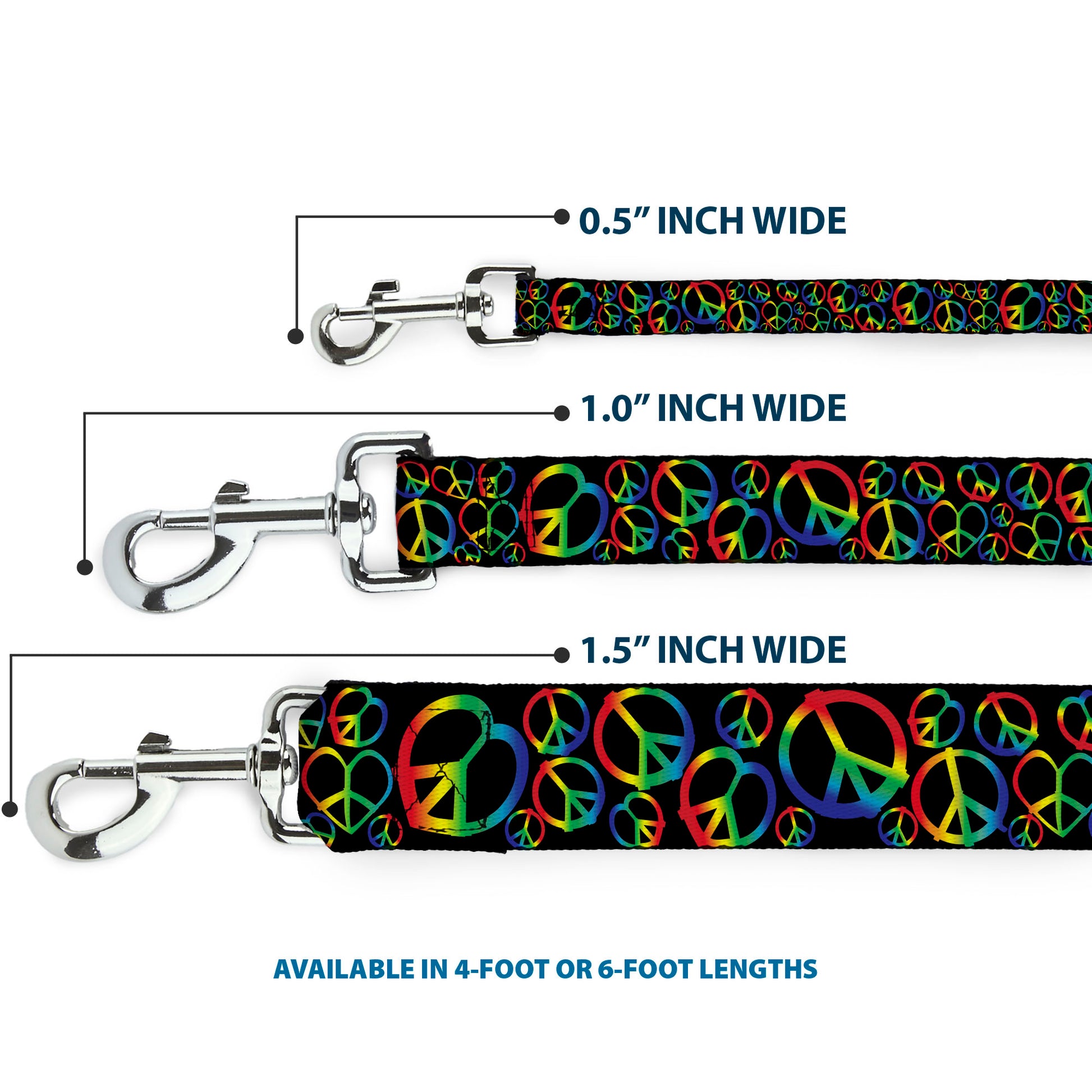 Dog Leash - Peace Heart Black/Rainbow Ombre Dog Leashes Buckle-Down