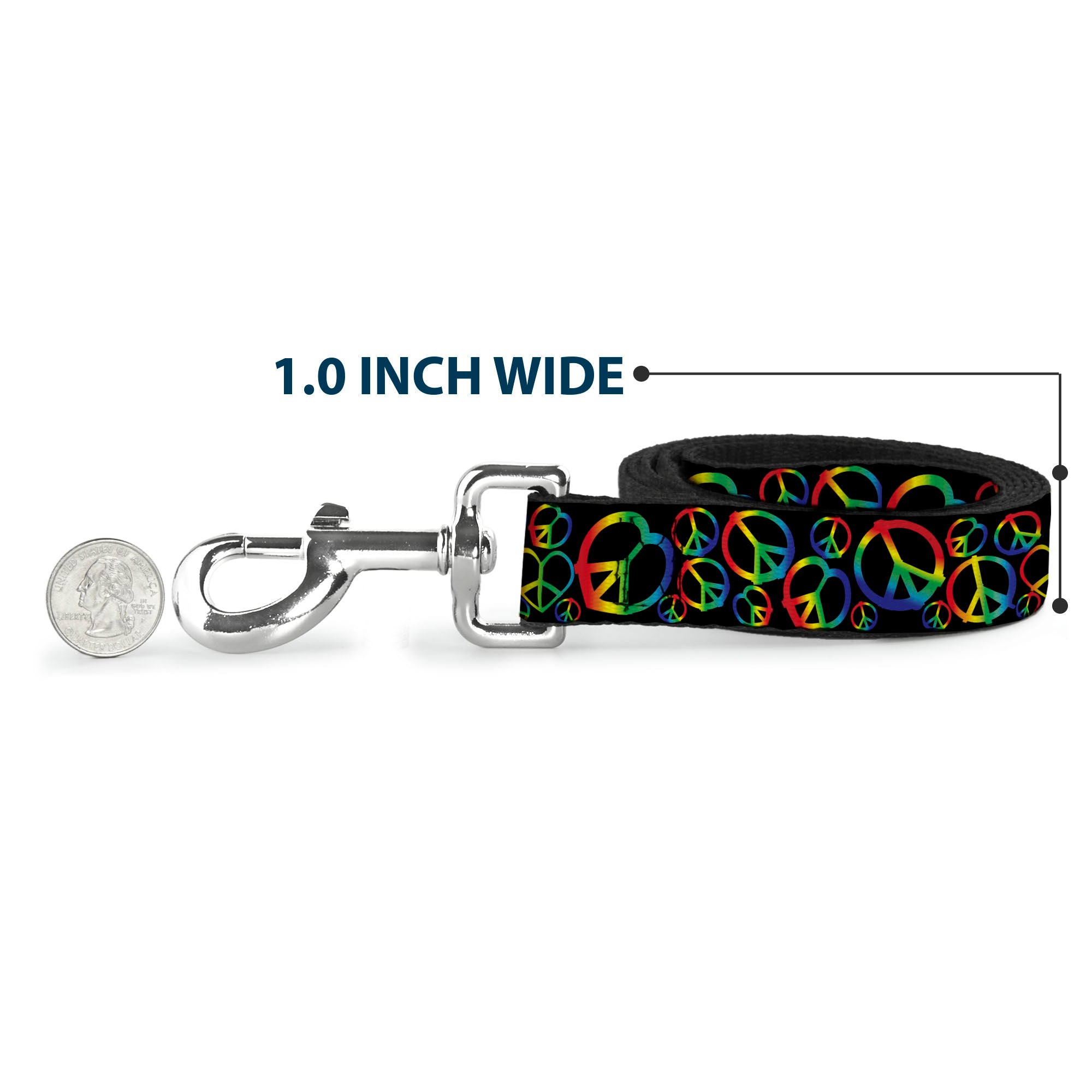 Dog Leash - Peace Heart Black/Rainbow Ombre Dog Leashes Buckle-Down