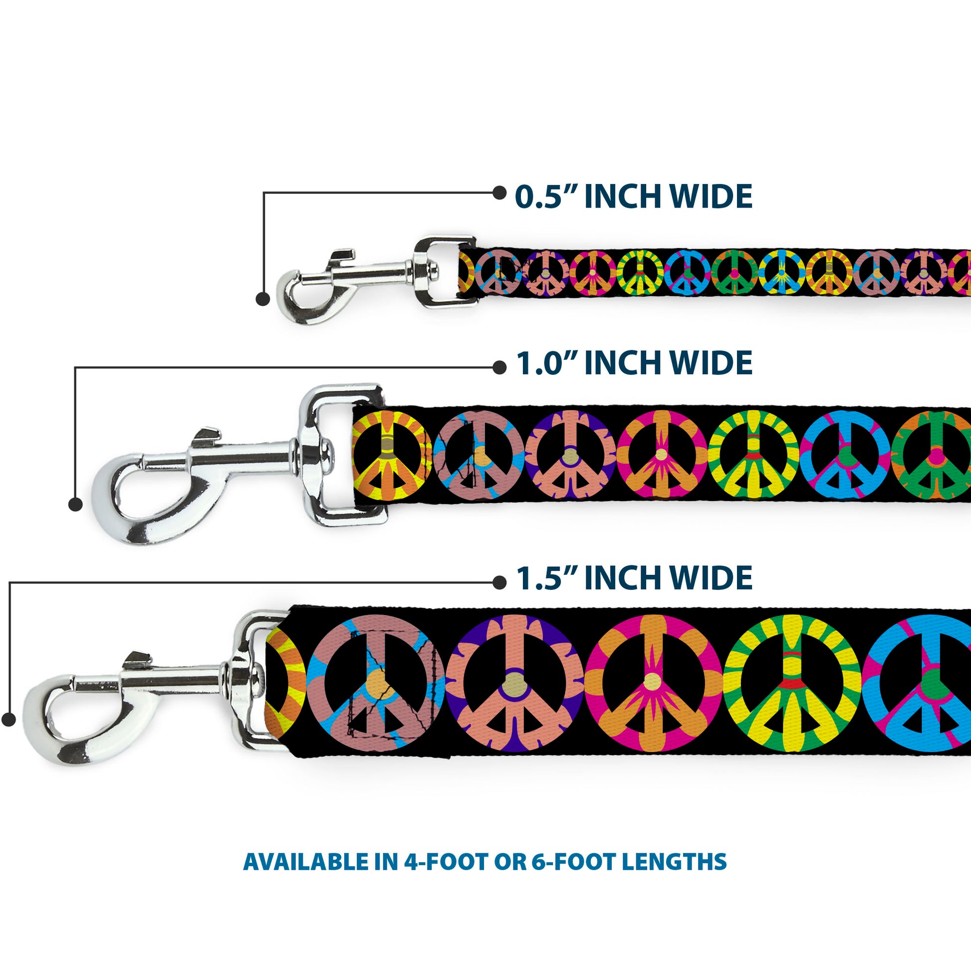 Dog Leash - Peace Flowers Black/Multi Color Dog Leashes Buckle-Down