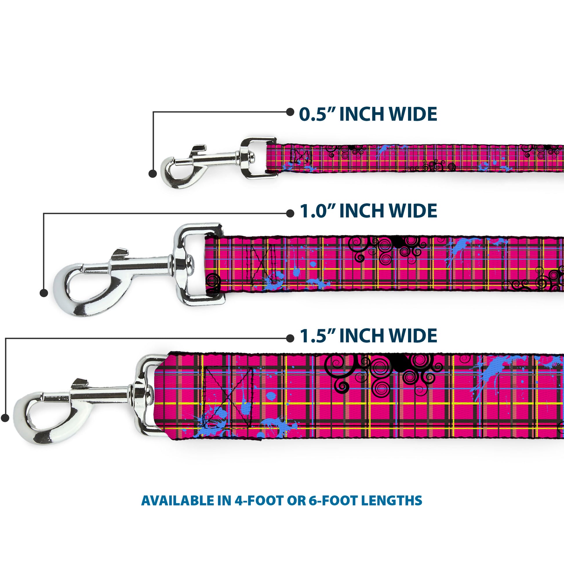 Dog Leash - Plaid Curls Pink/Black/Yellow/Blue Dog Leashes Buckle-Down