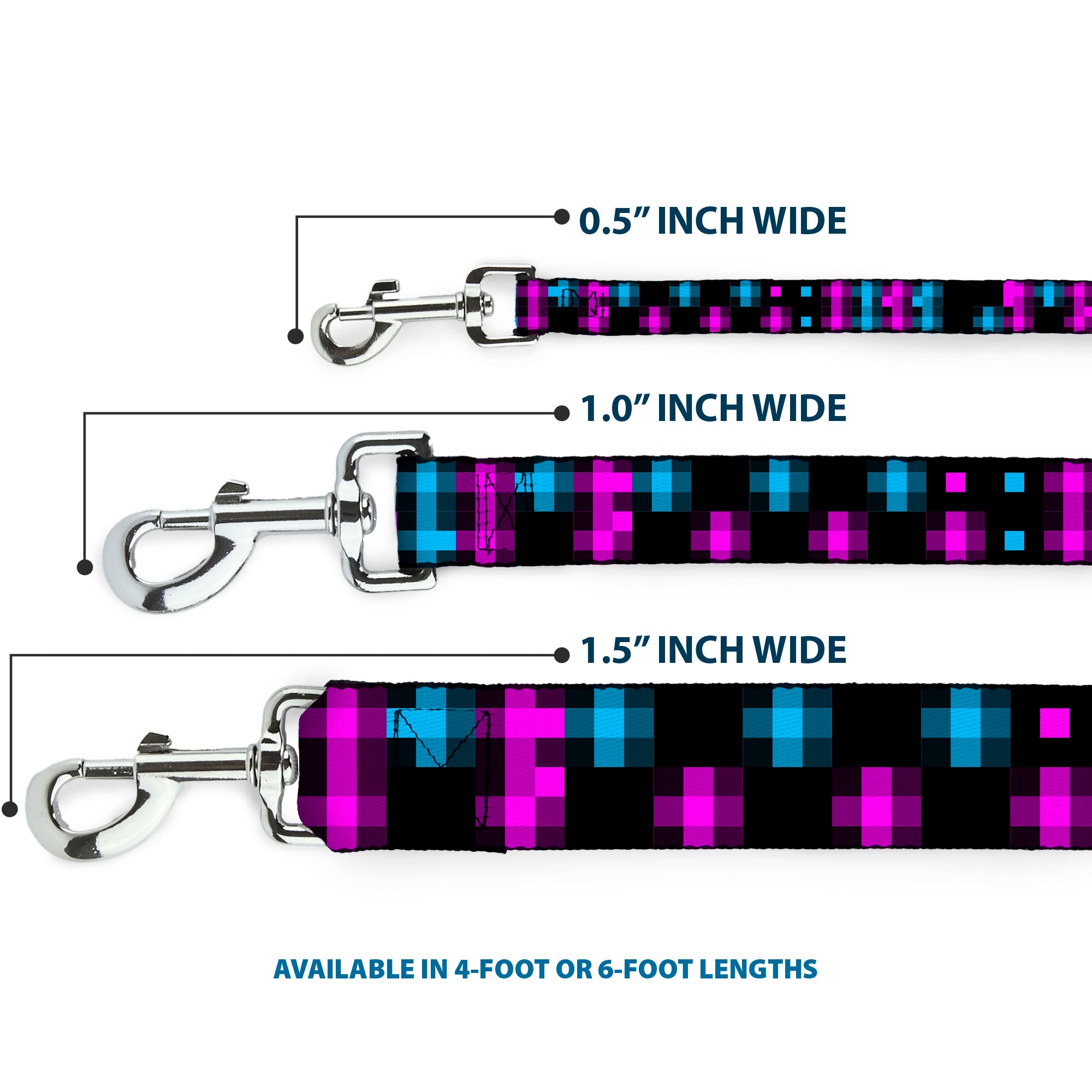 Dog Leash - Pixilated Checker Black/Fuchsia/Turquoise Dog Leashes Buckle-Down