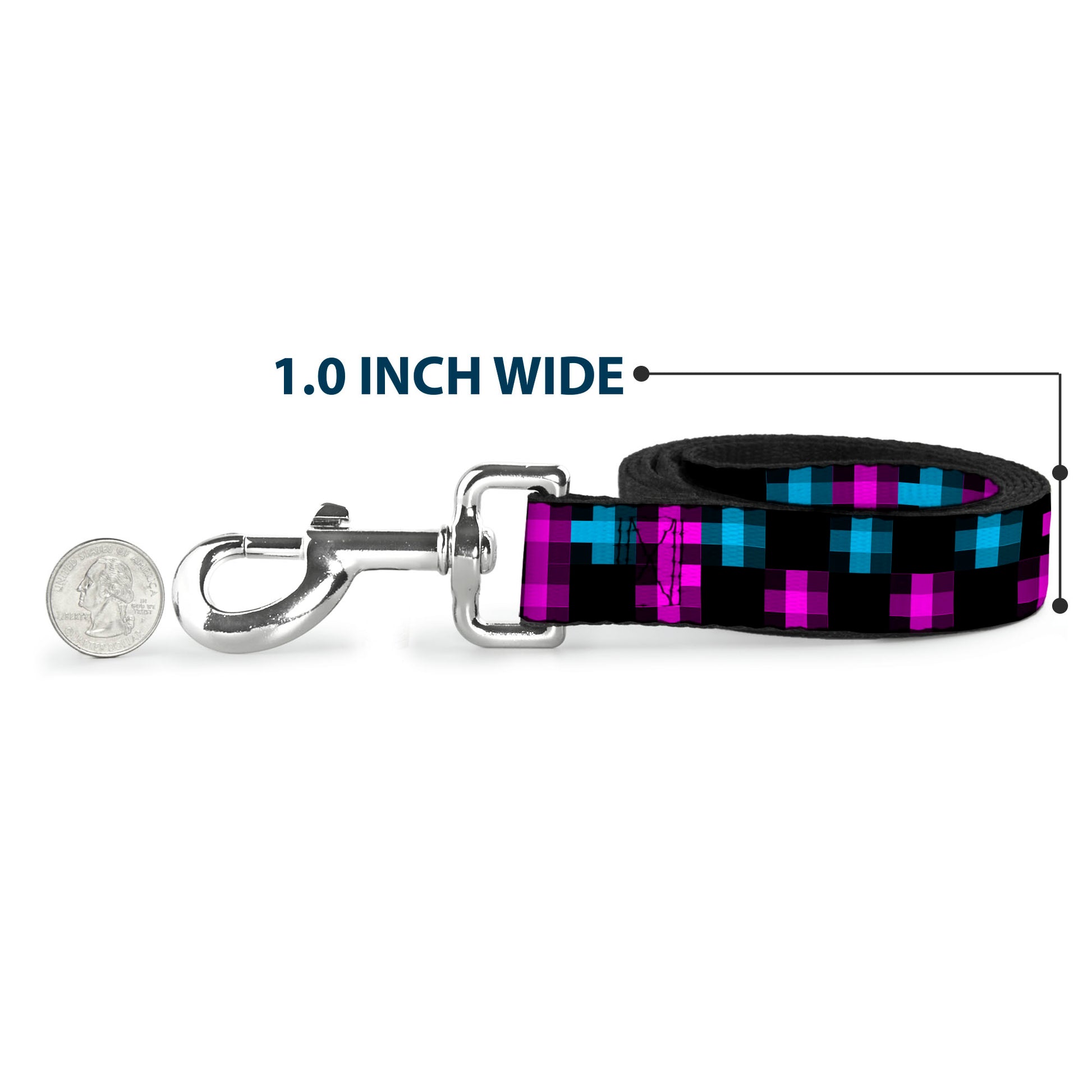 Dog Leash - Pixilated Checker Black/Fuchsia/Turquoise Dog Leashes Buckle-Down