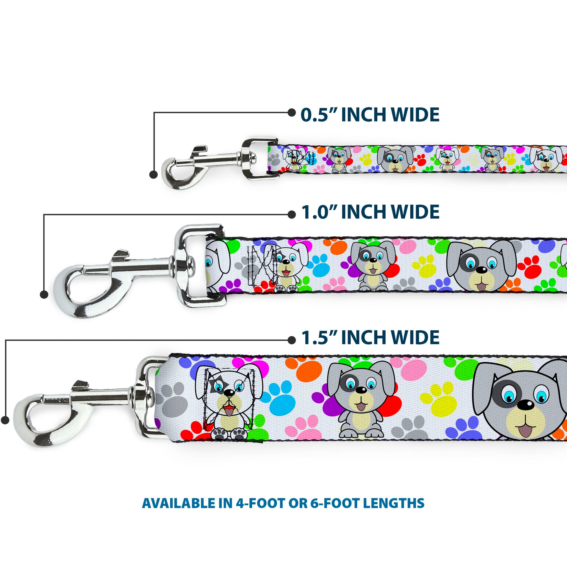 Dog Leash - Puppies w/Paw Prints White/Multi Color Dog Leashes Buckle-Down