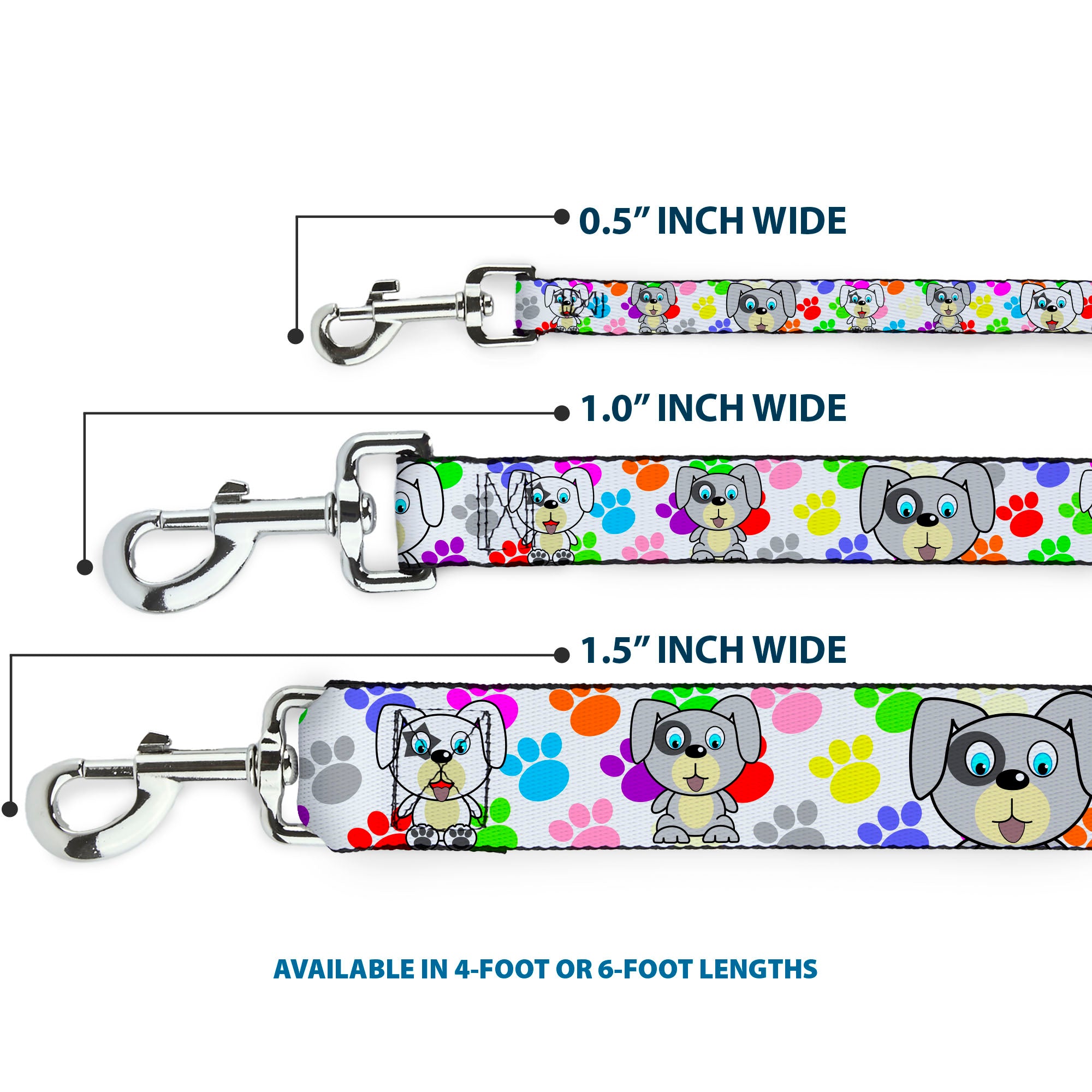 Dog Leash - Puppies w/Paw Prints White/Multi Color Dog Leashes Buckle-Down