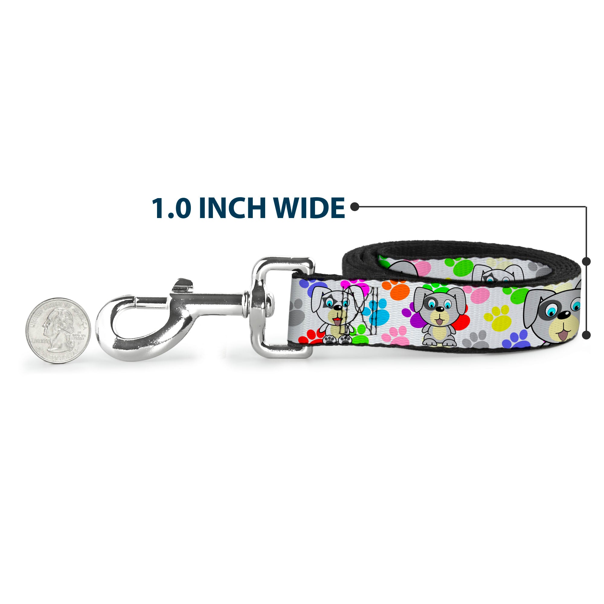 Dog Leash - Puppies w/Paw Prints White/Multi Color Dog Leashes Buckle-Down