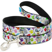 Dog Leash - Puppies w/Paw Prints White/Multi Color Dog Leashes Buckle-Down