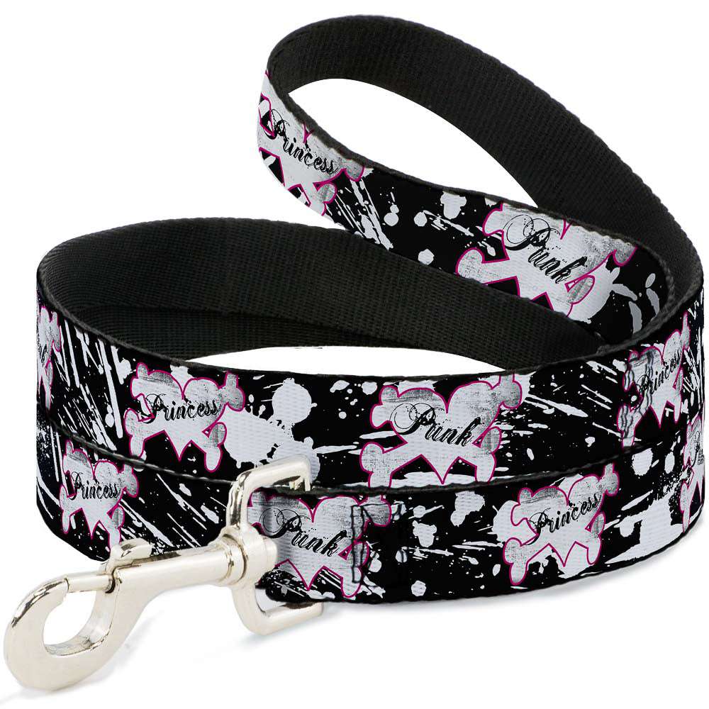 Dog Leash - Punk Princess Heart & Cross Bones w/Splatter Black/White Dog Leashes Buckle-Down