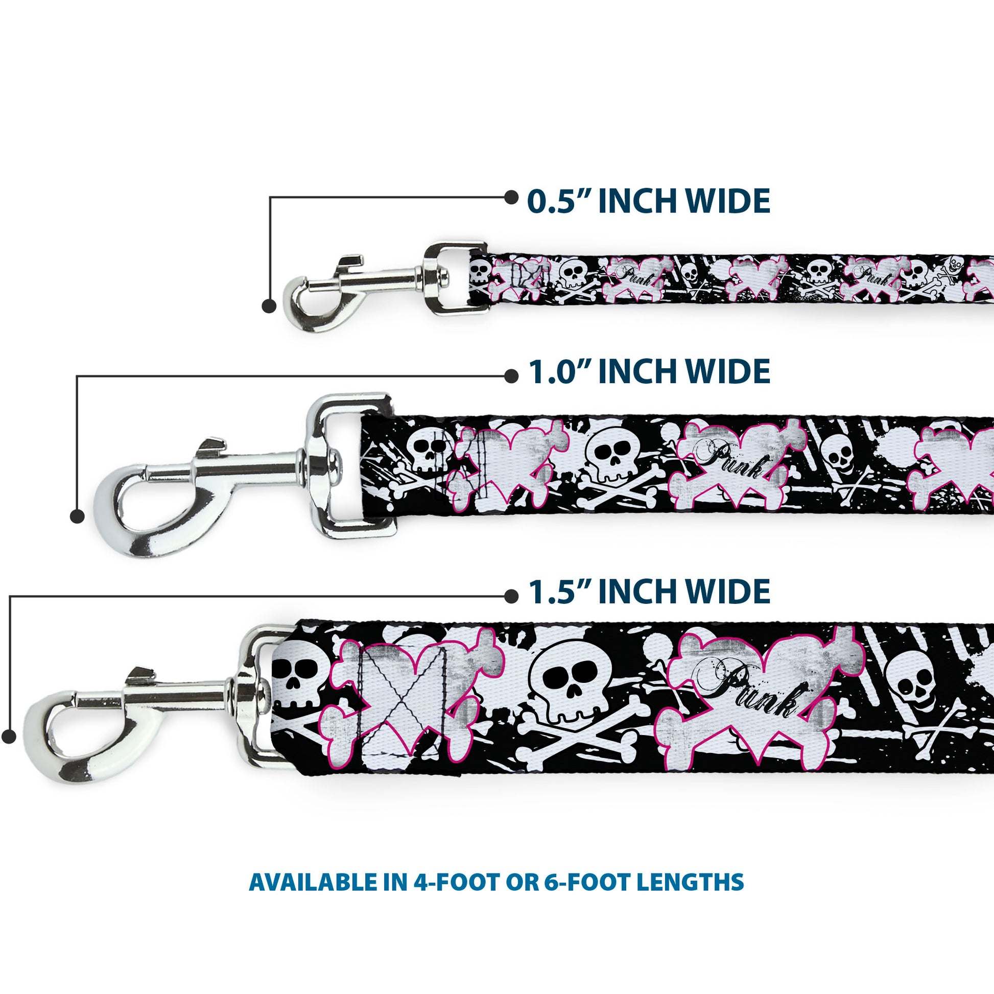 Dog Leash - Punk Heart & Cross Bones w/Skulls & Splatter Black/White Dog Leashes Buckle-Down