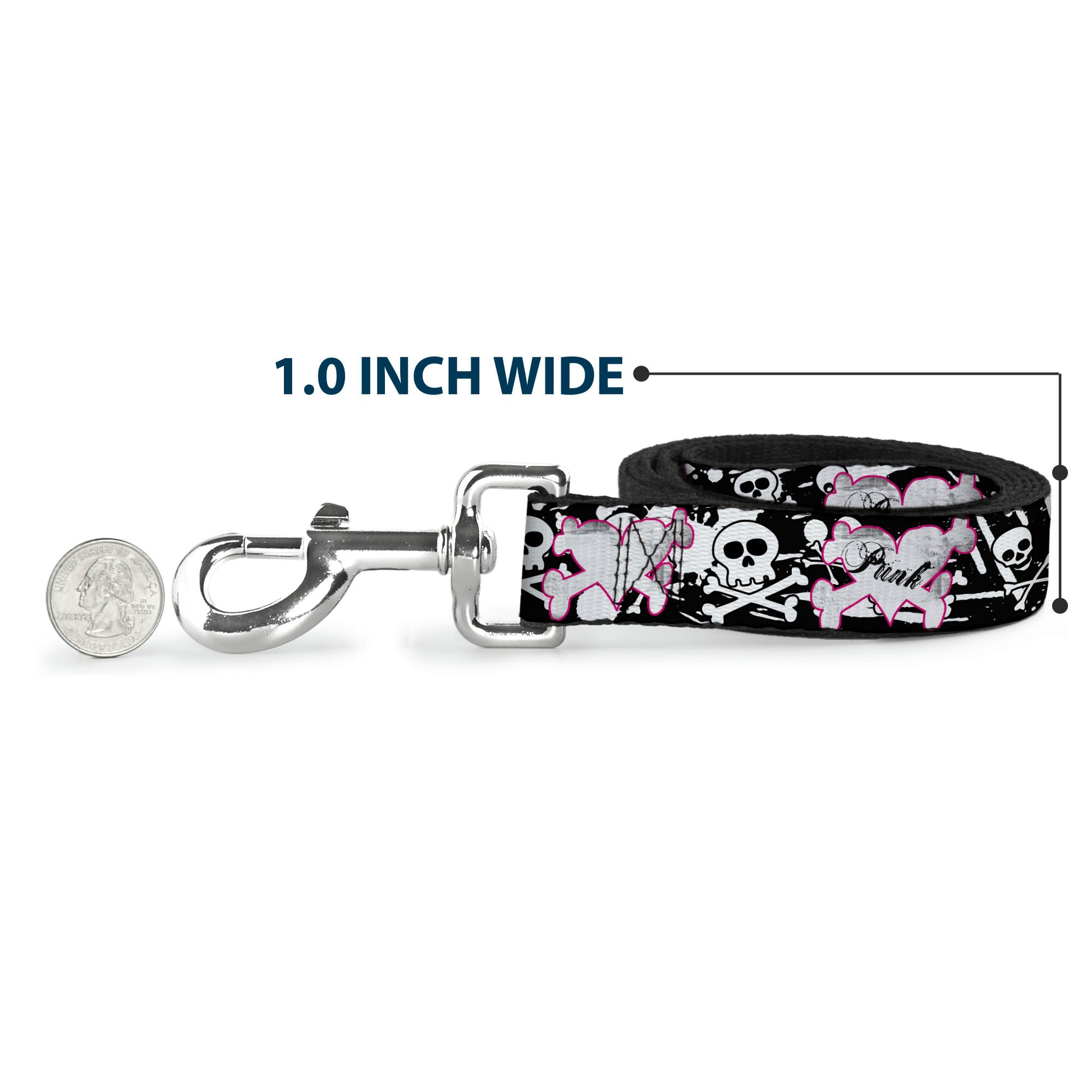 Dog Leash - Punk Heart & Cross Bones w/Skulls & Splatter Black/White Dog Leashes Buckle-Down