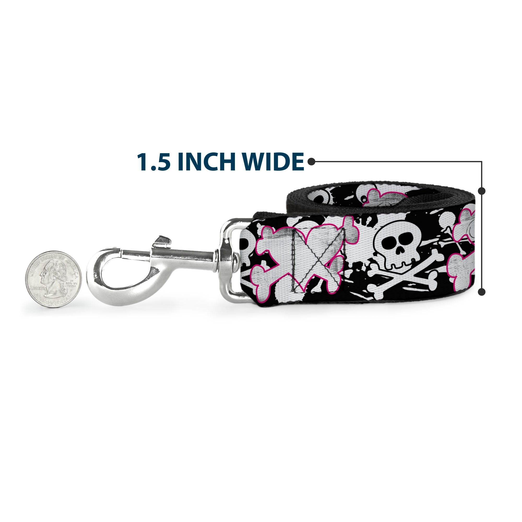 Dog Leash - Punk Heart & Cross Bones w/Skulls & Splatter Black/White Dog Leashes Buckle-Down