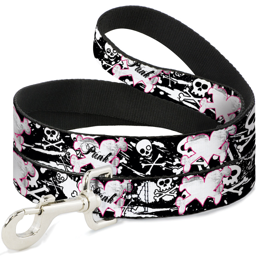 Dog Leash - Punk Heart & Cross Bones w/Skulls & Splatter Black/White Dog Leashes Buckle-Down