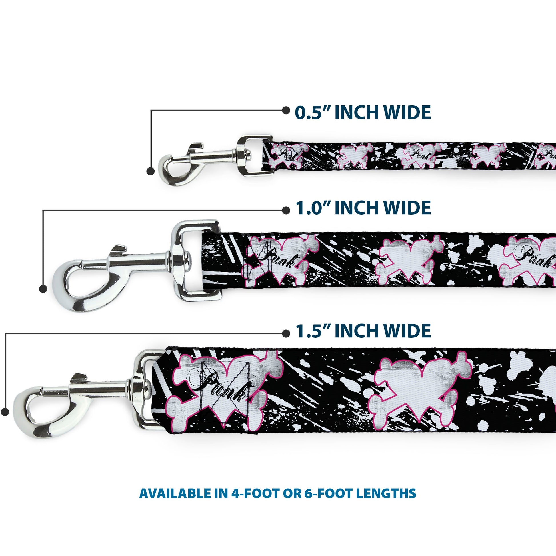 Dog Leash - Punk Heart & Cross Bones w/Splatter Black/White Dog Leashes Buckle-Down