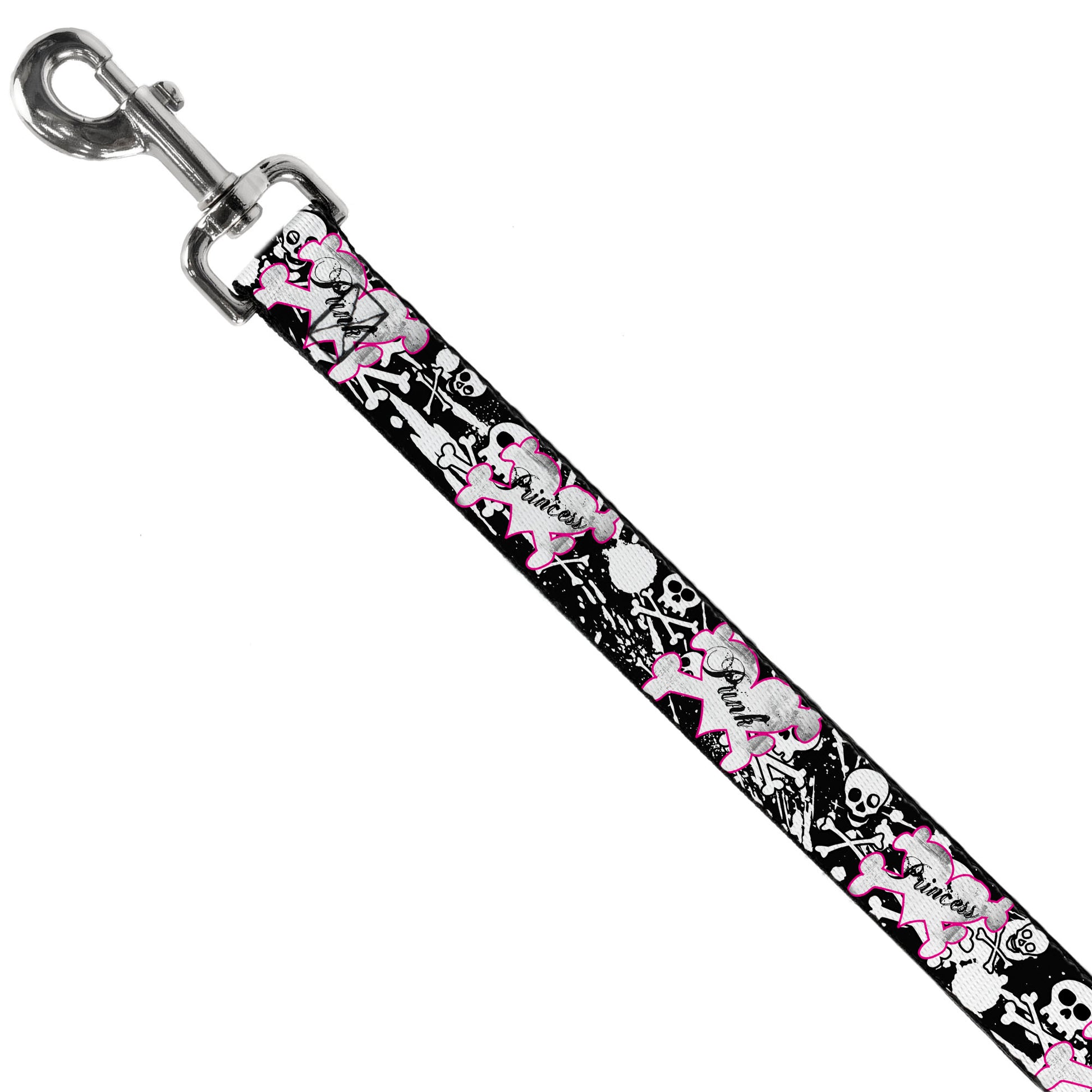 Dog Leash - Punk Princess Heart & Cross Bones w/Skulls & Splatter Black/White Dog Leashes Buckle-Down