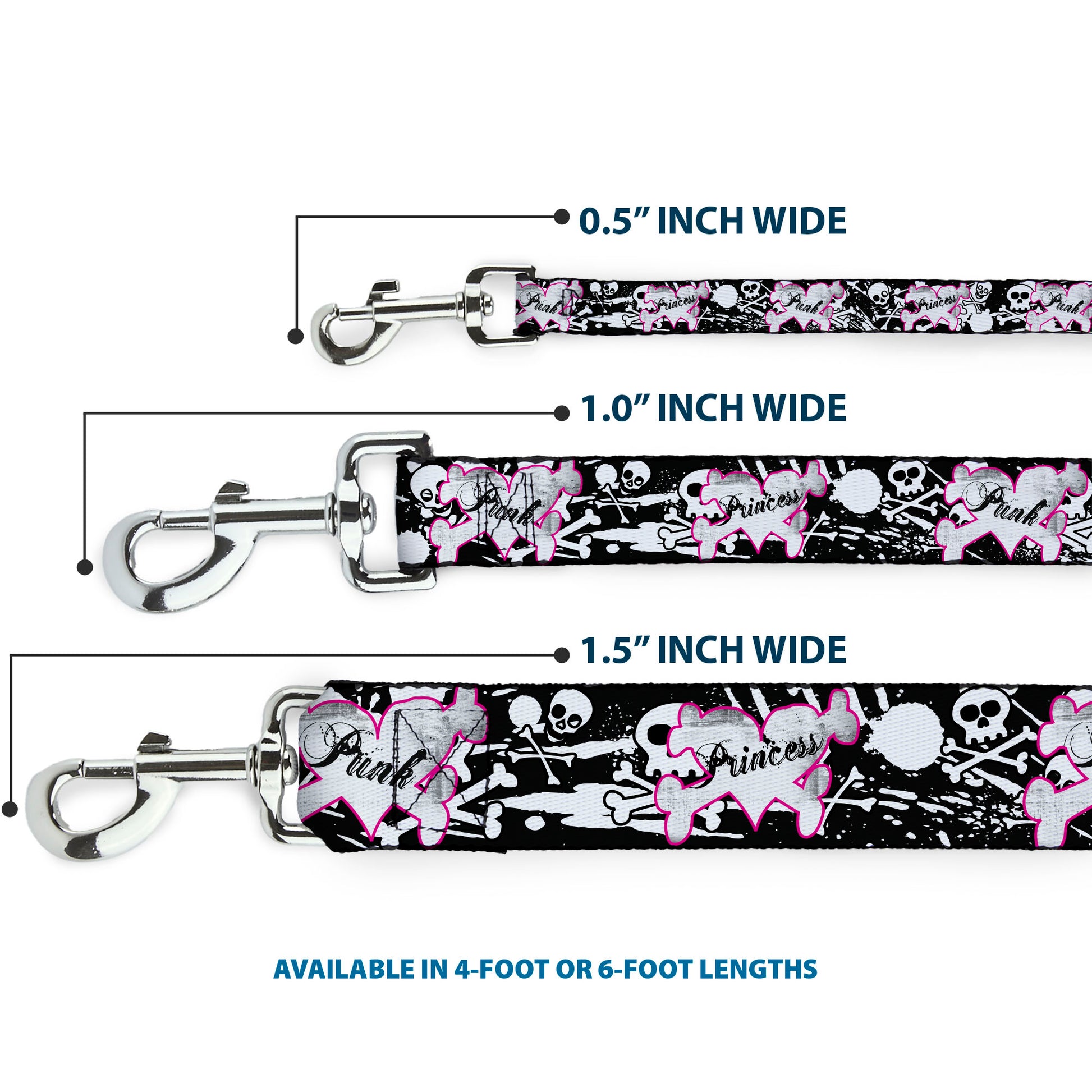Dog Leash - Punk Princess Heart & Cross Bones w/Skulls & Splatter Black/White Dog Leashes Buckle-Down