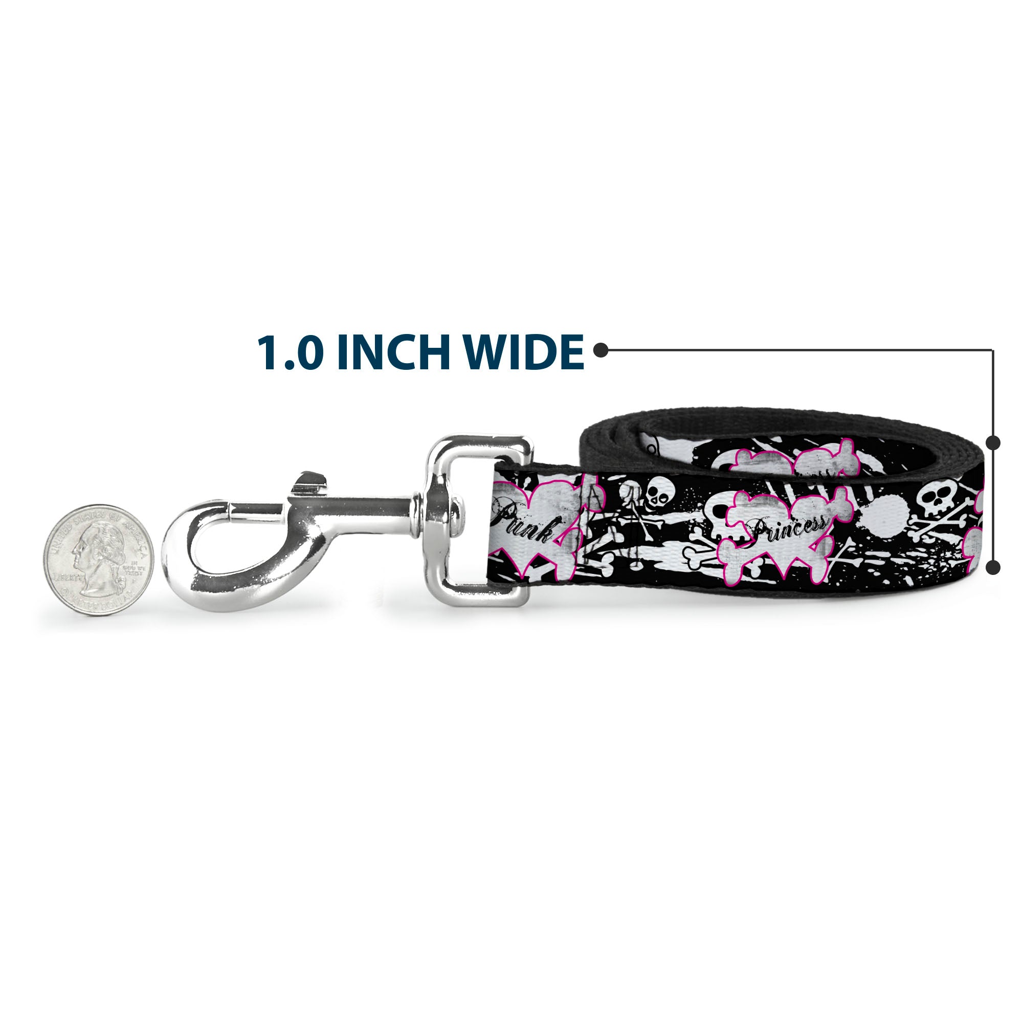 Dog Leash - Punk Princess Heart & Cross Bones w/Skulls & Splatter Black/White Dog Leashes Buckle-Down