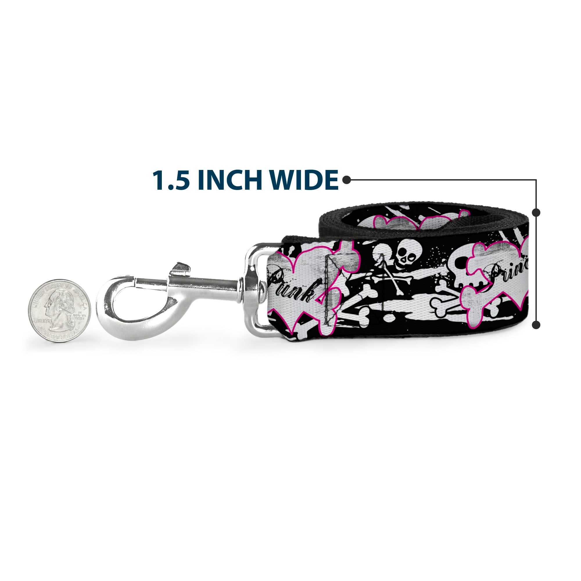 Dog Leash - Punk Princess Heart & Cross Bones w/Skulls & Splatter Black/White Dog Leashes Buckle-Down