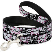 Dog Leash - Punk Princess Heart & Cross Bones w/Skulls & Splatter Black/White Dog Leashes Buckle-Down