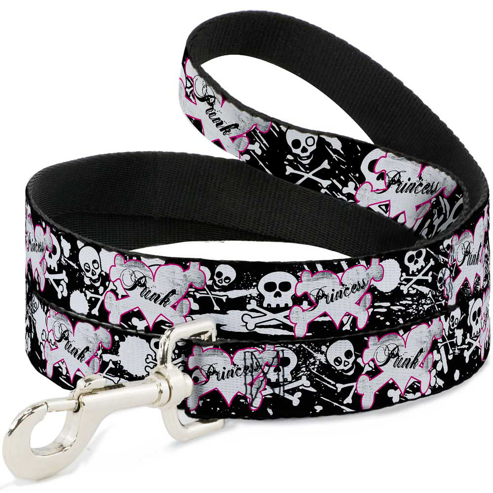 Dog Leash - Punk Princess Heart & Cross Bones w/Skulls & Splatter Black/White Dog Leashes Buckle-Down