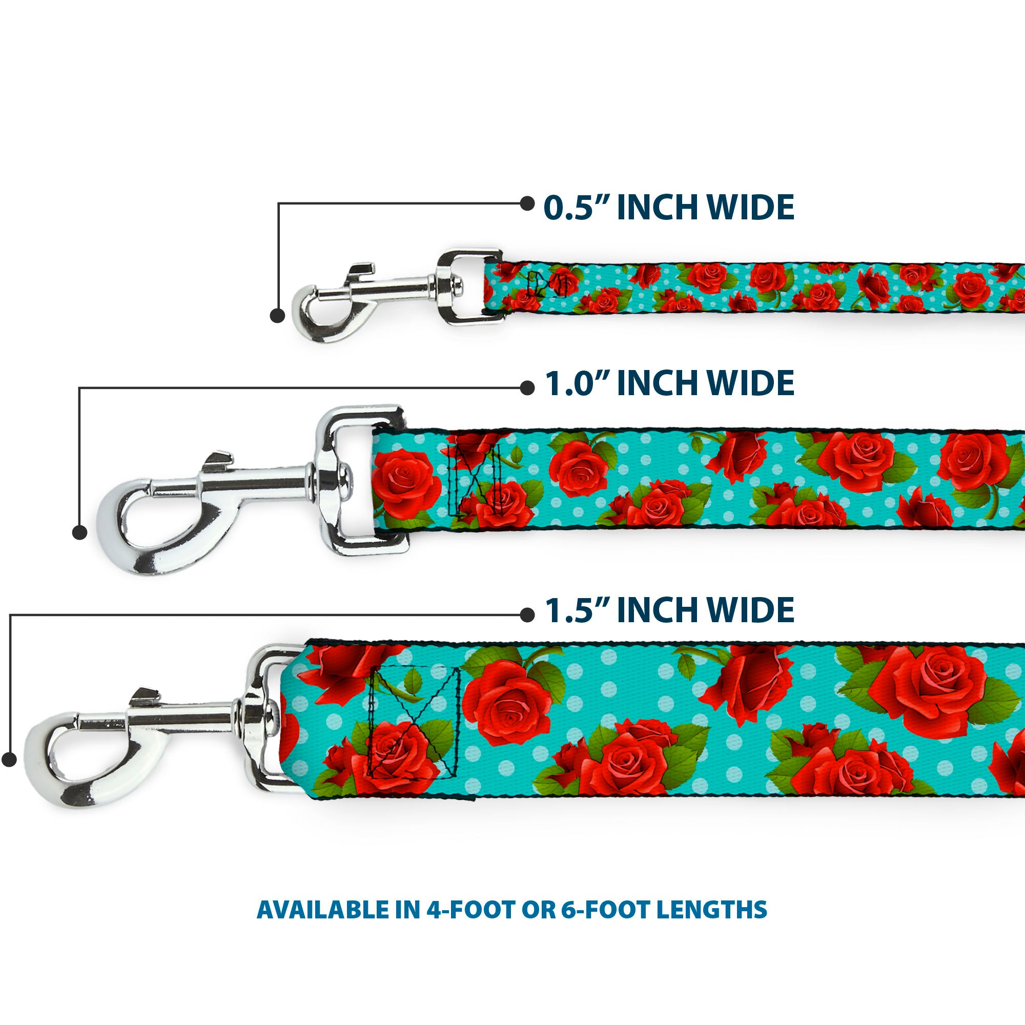 Dog Leash - Red Roses/Polka Dots Turquoise Dog Leashes Buckle-Down