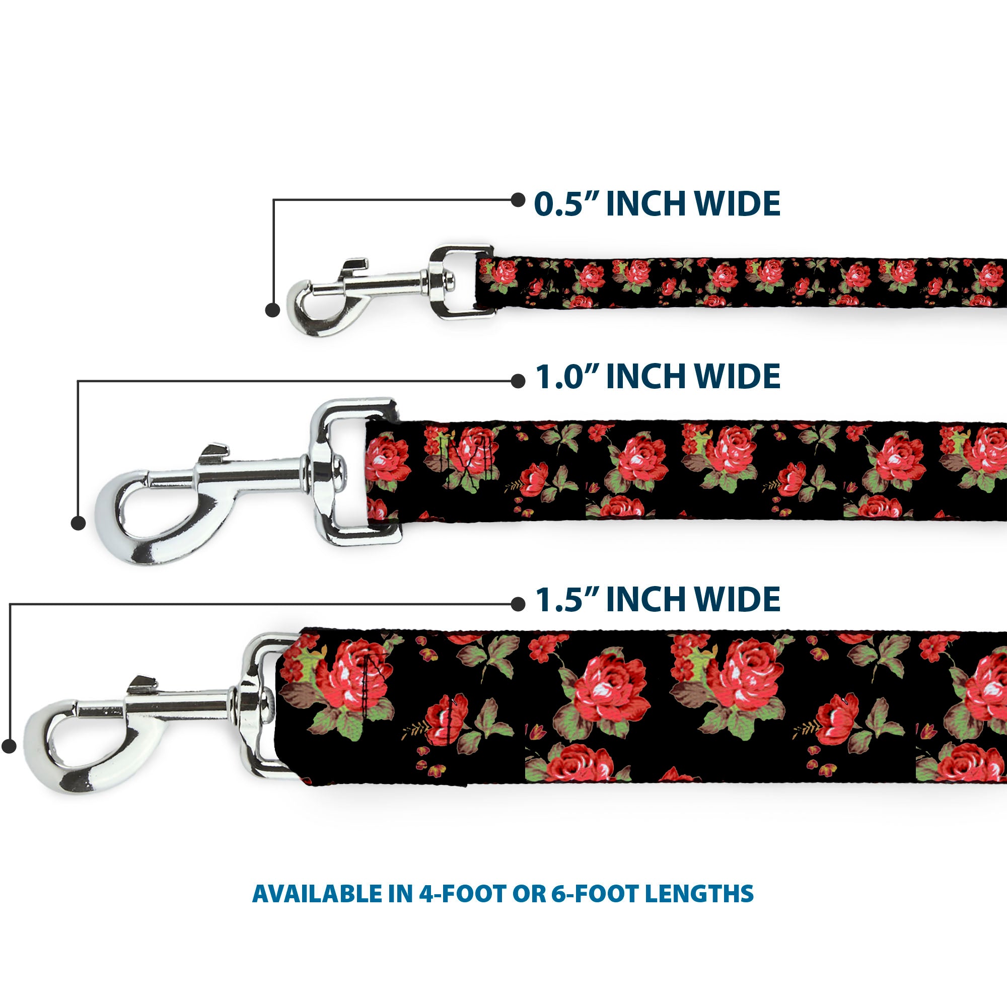 Dog Leash - Red Roses Scattered Black Dog Leashes Buckle-Down