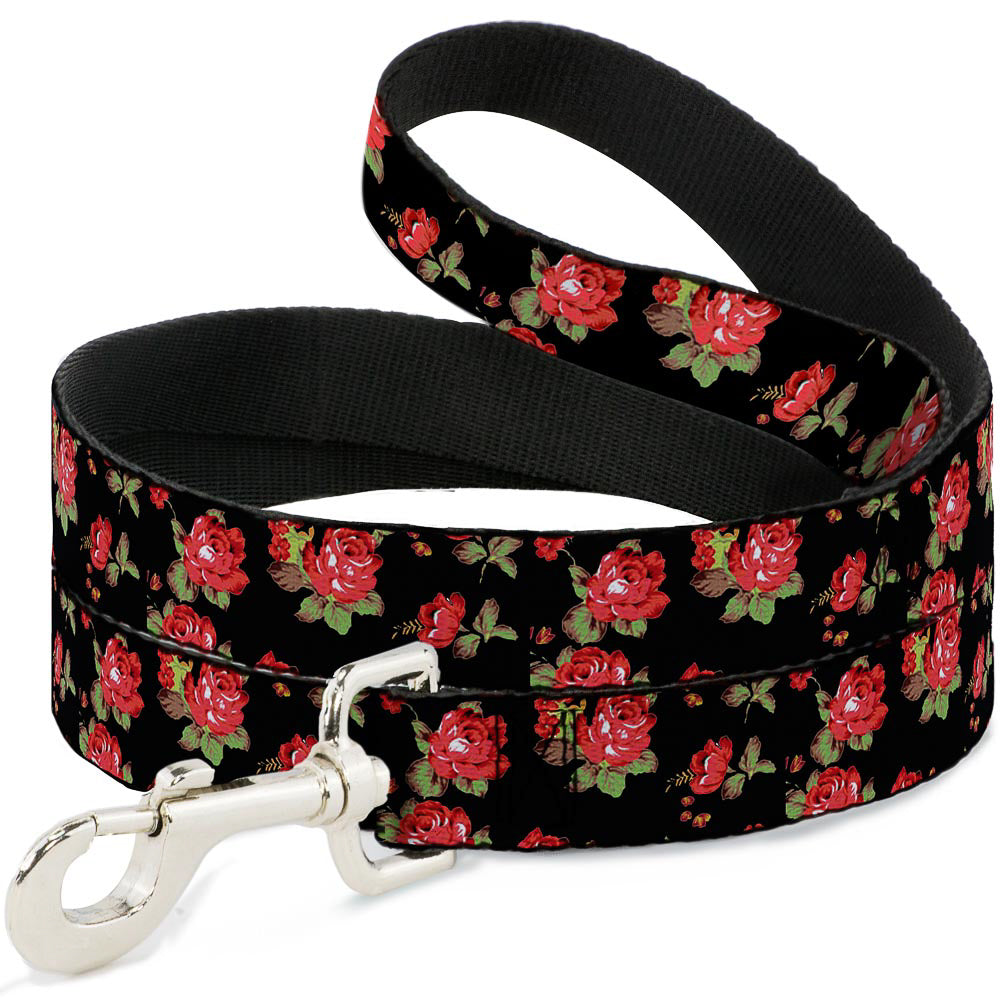 Dog Leash - Red Roses Scattered Black Dog Leashes Buckle-Down