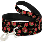 Dog Leash - Red Roses Scattered Black Dog Leashes Buckle-Down