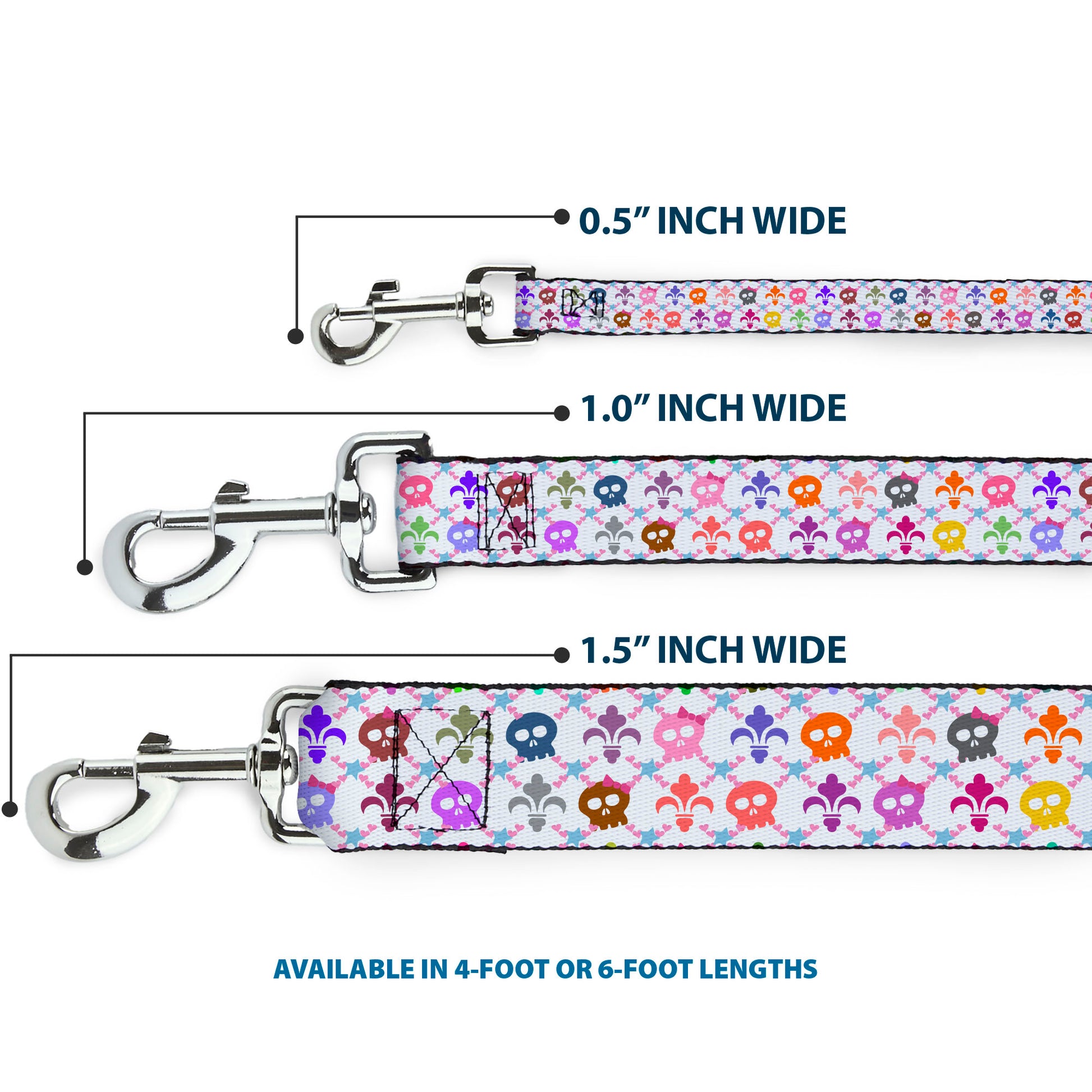 Dog Leash - Skull & Fleur-de-Lis White/Multi Color Dog Leashes Buckle-Down
