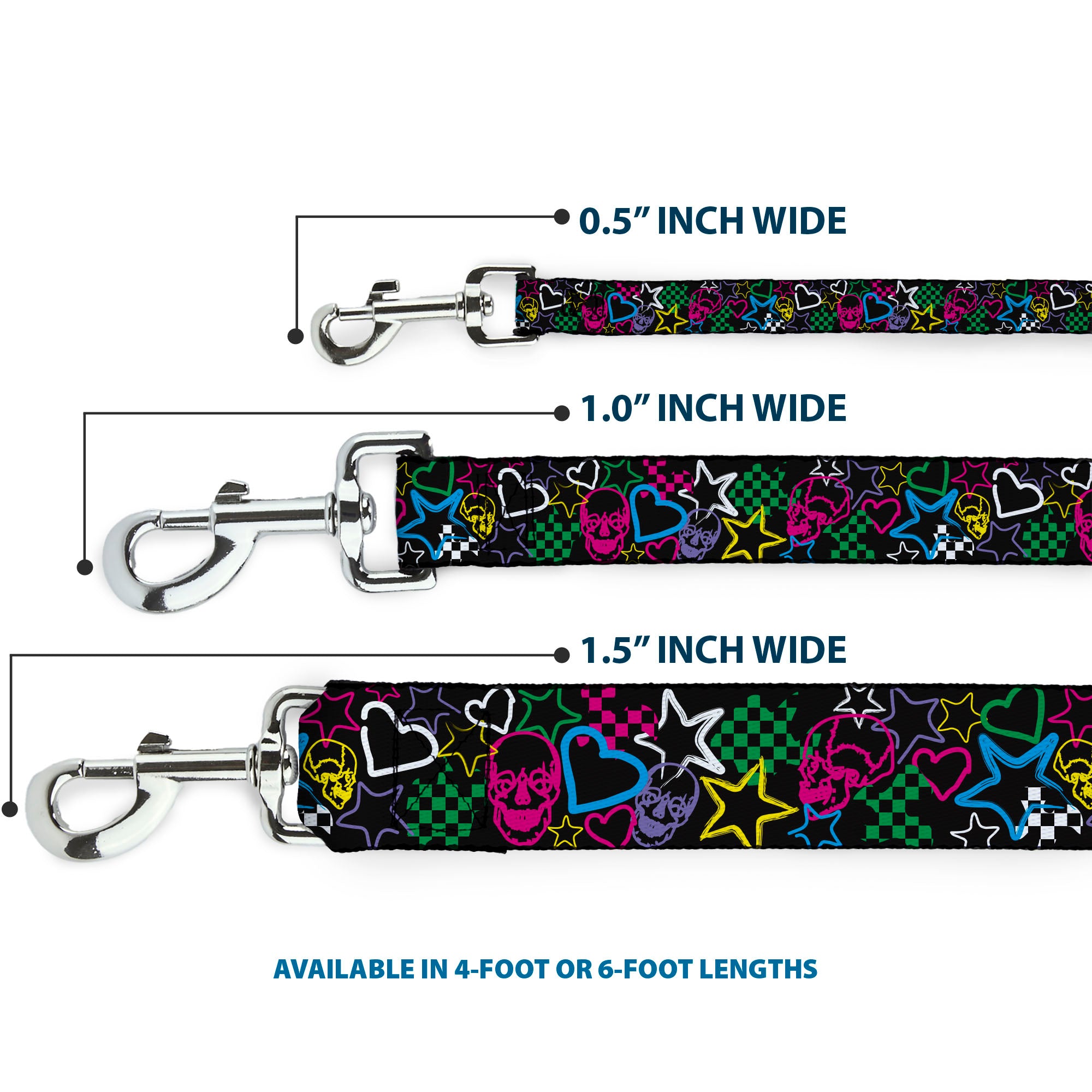 Dog Leash - Sketch Skull/Star/Heart/Checker Black/Multi Dog Leashes Buckle-Down