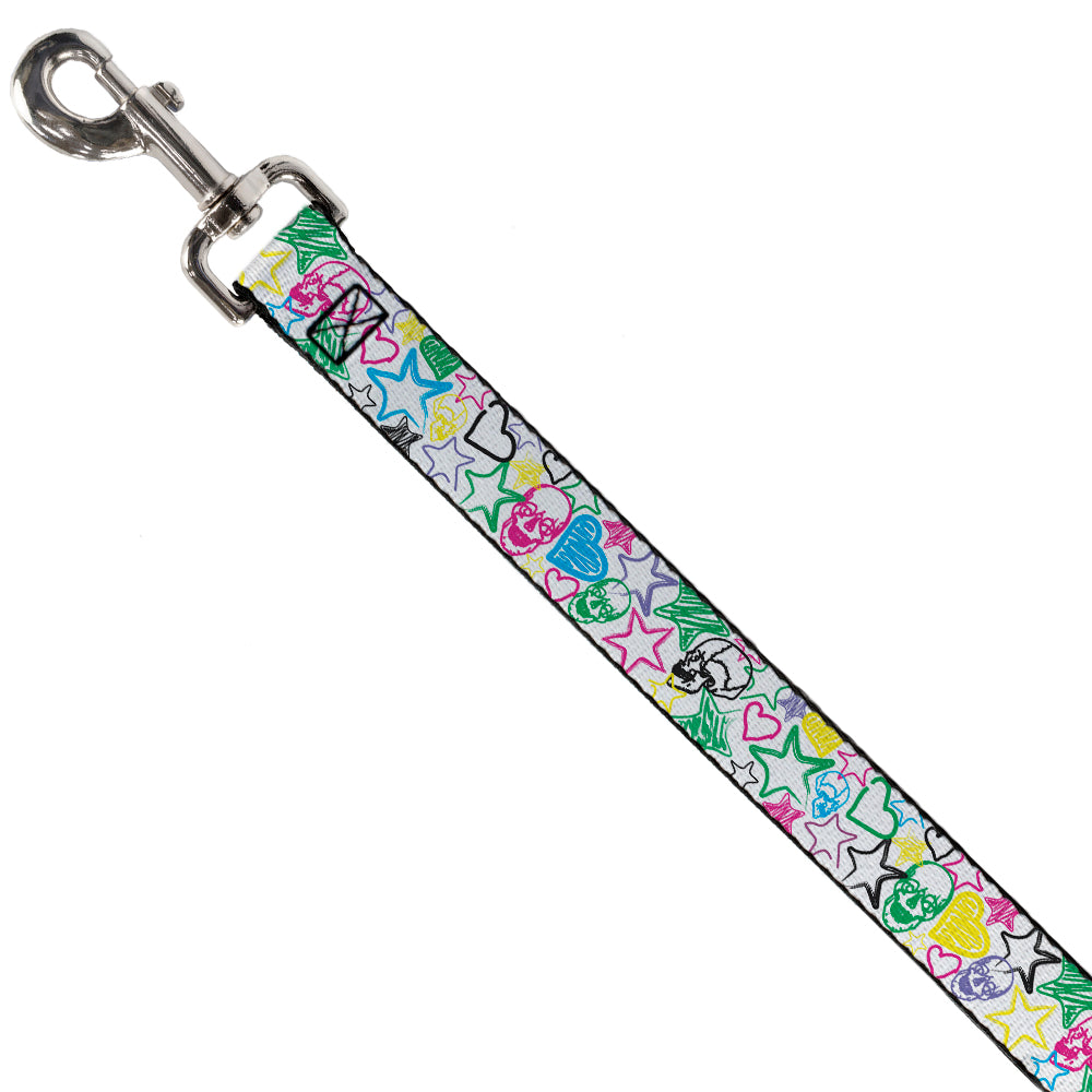Dog Leash - Sketch Skull/Star/Heart White/Multi Color Dog Leashes Buckle-Down