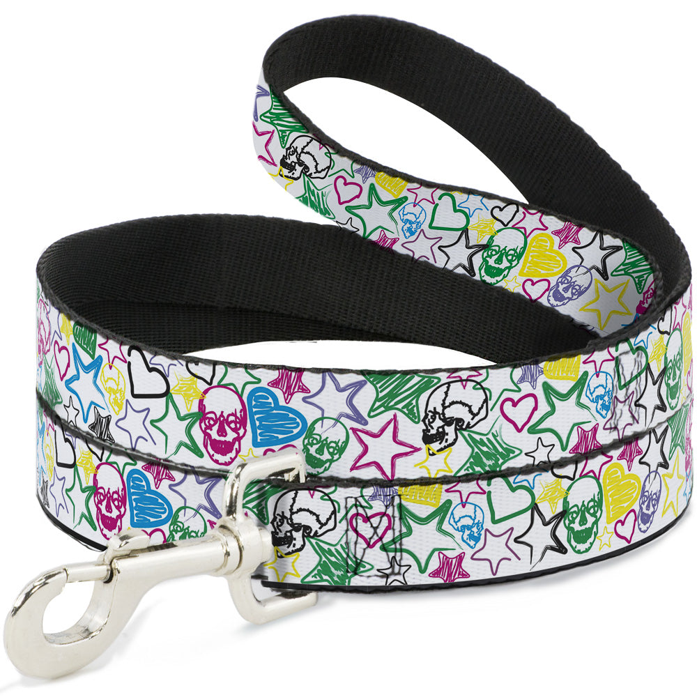 Dog Leash - Sketch Skull/Star/Heart White/Multi Color Dog Leashes Buckle-Down