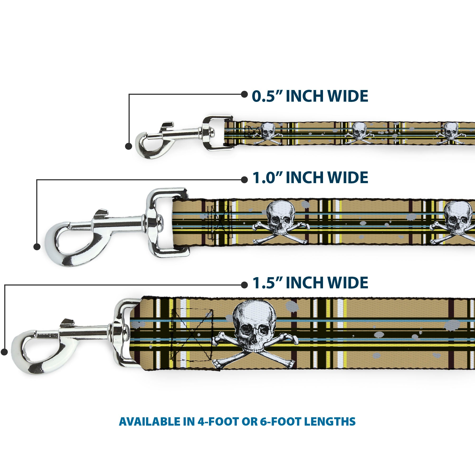 Dog Leash - Skull & Cross Bones Plaid Tan Dog Leashes Buckle-Down