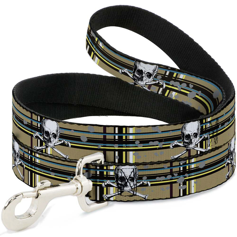Dog Leash - Skull & Cross Bones Plaid Tan Dog Leashes Buckle-Down