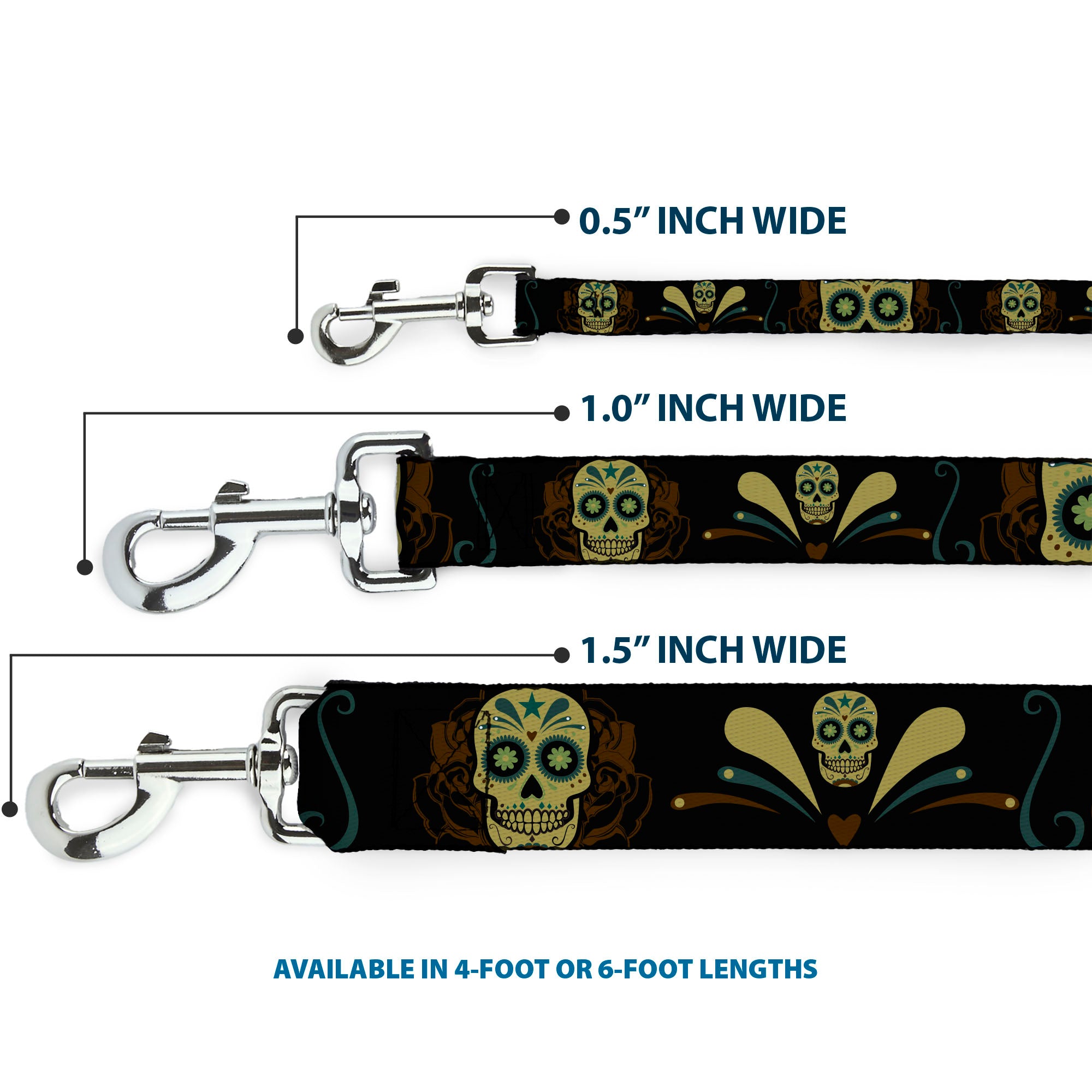 Dog Leash - Sugar Skulls Black/Olive/Burgundy Dog Leashes Buckle-Down
