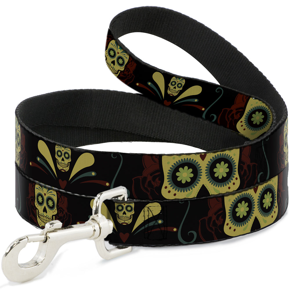 Dog Leash - Sugar Skulls Black/Olive/Burgundy Dog Leashes Buckle-Down