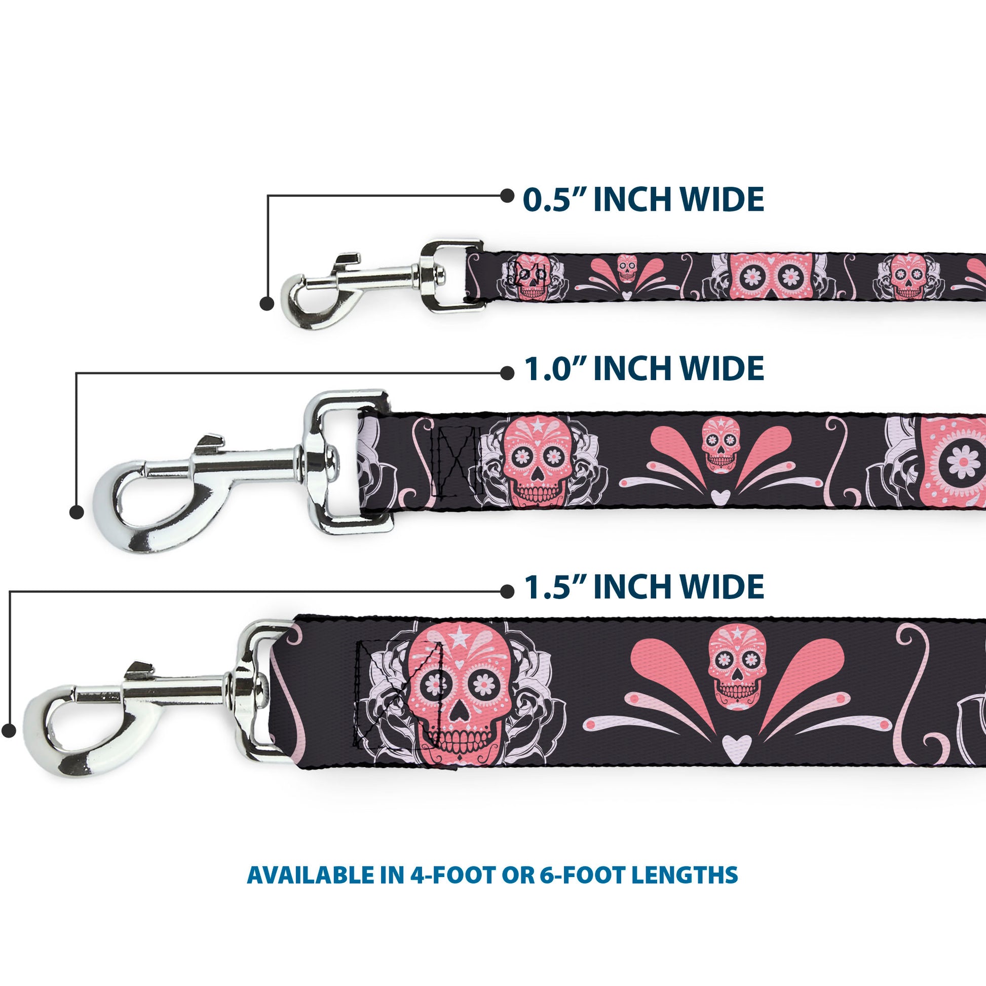 Dog Leash - Sugar Skulls Gray/Pink Dog Leashes Buckle-Down