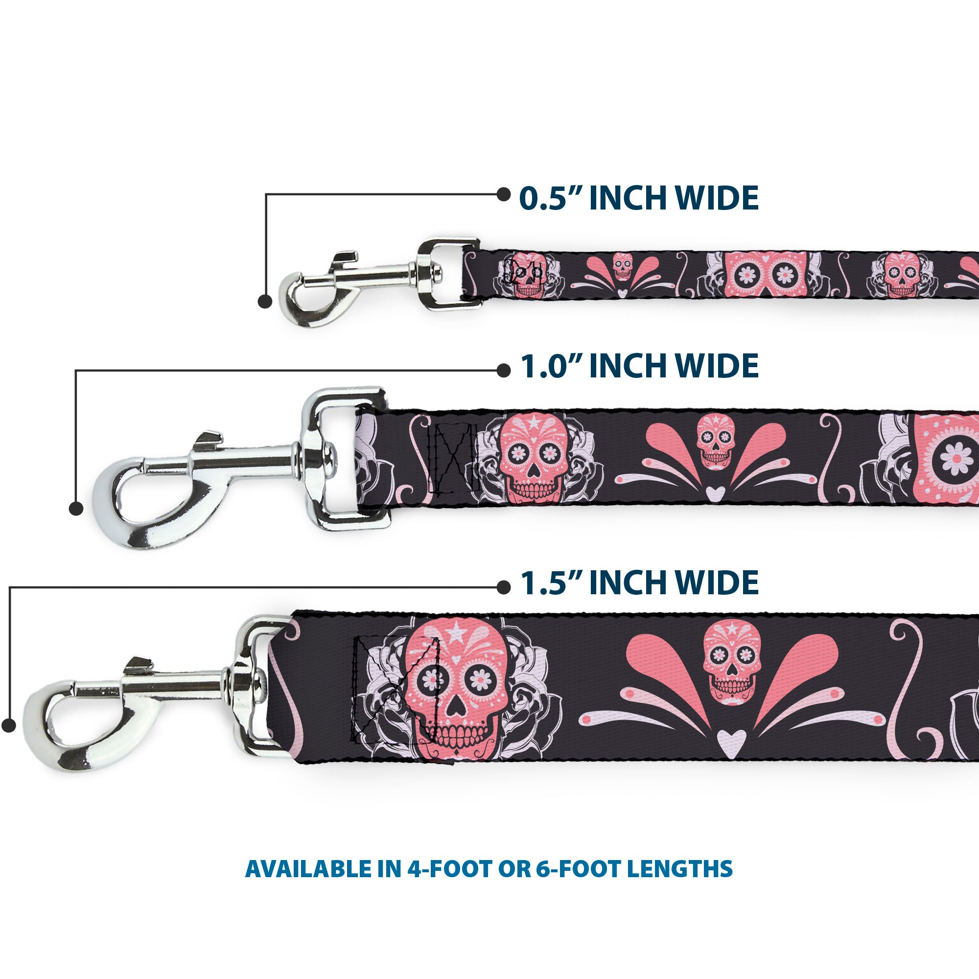 Dog Leash - Sugar Skulls Gray/Pink Dog Leashes Buckle-Down