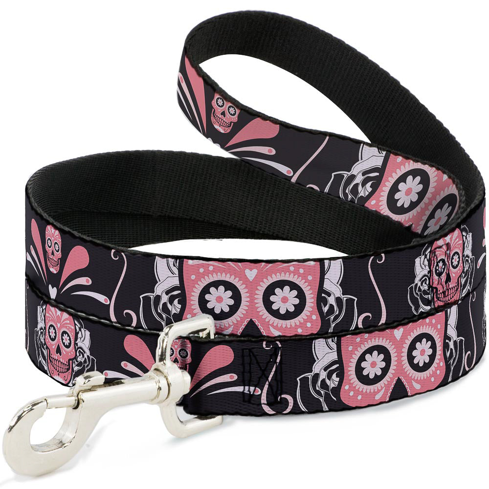 Dog Leash - Sugar Skulls Gray/Pink Dog Leashes Buckle-Down