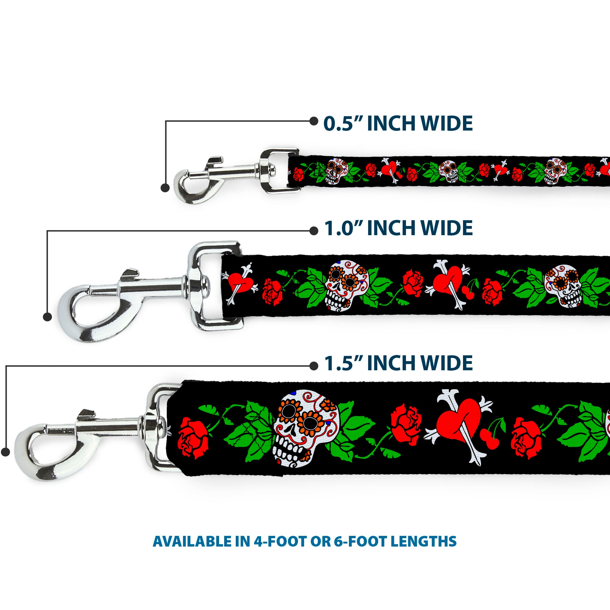 Dog Leash - Sugar Skull w/Roses & Heart Dog Leashes Buckle-Down