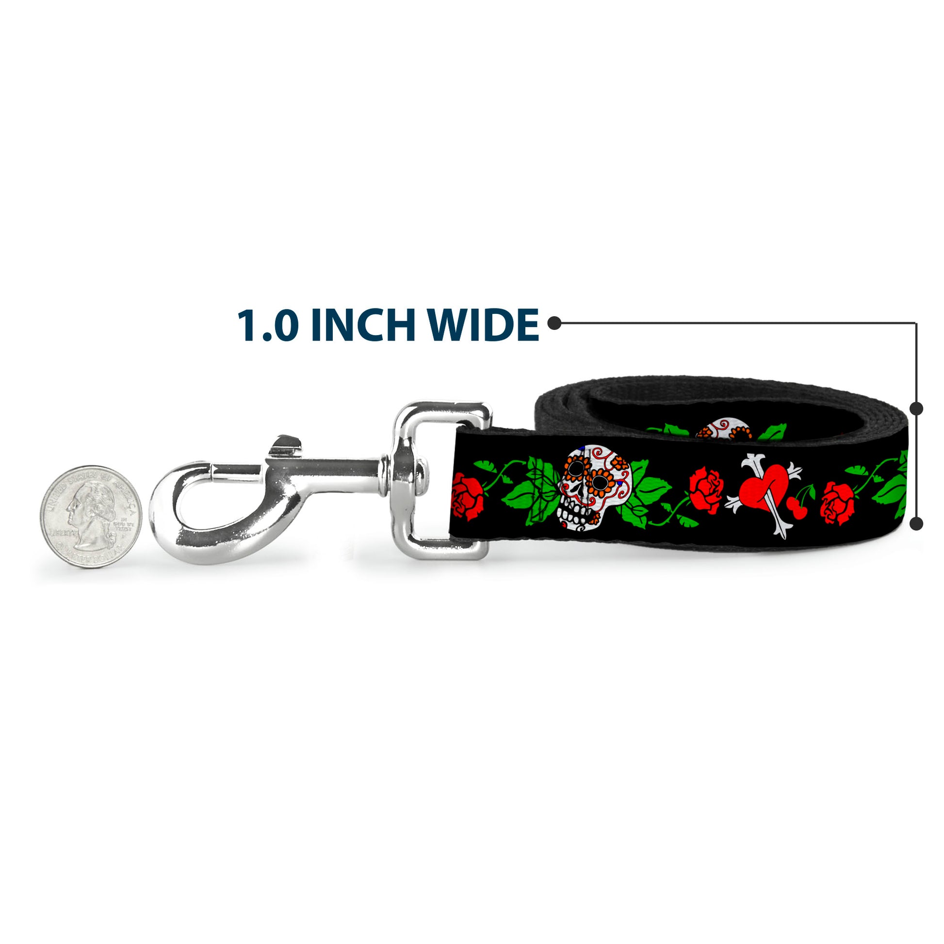 Dog Leash - Sugar Skull w/Roses & Heart Dog Leashes Buckle-Down