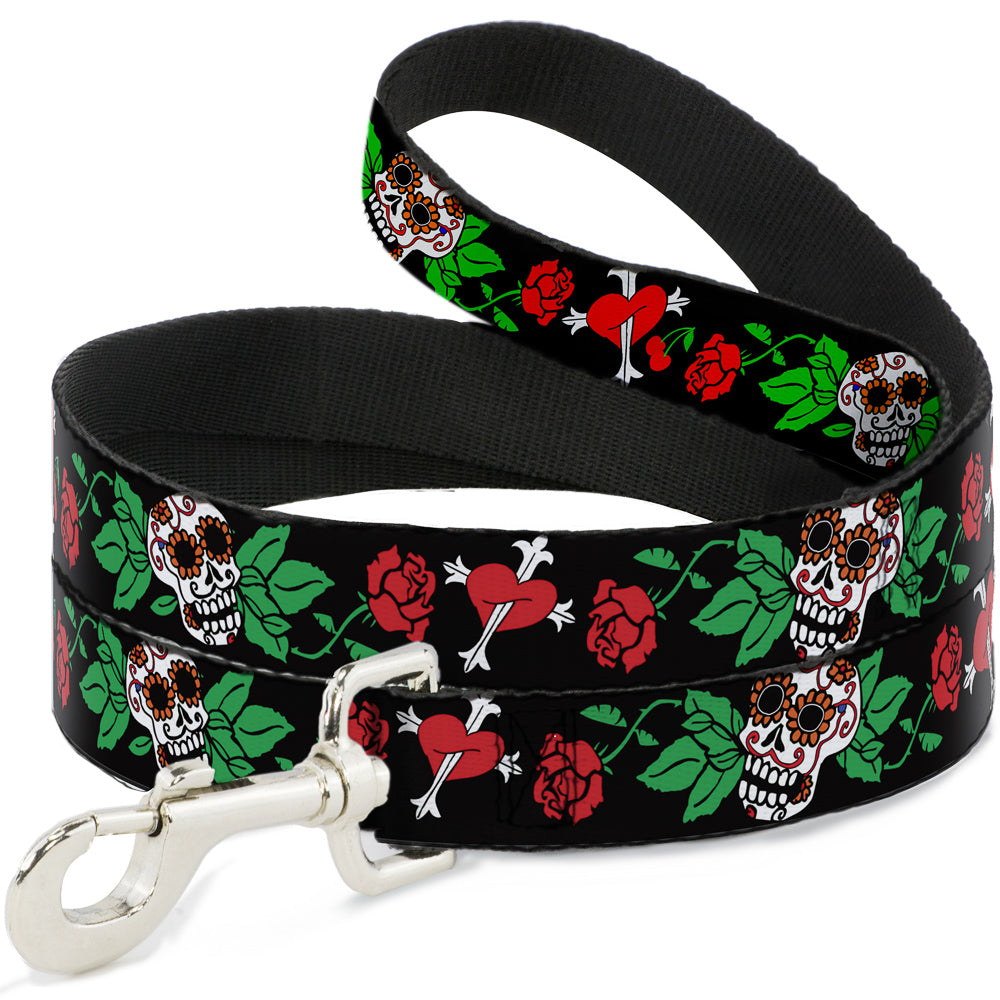 Dog Leash - Sugar Skull w/Roses & Heart Dog Leashes Buckle-Down
