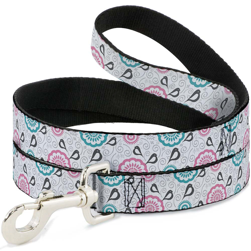 Dog Leash - Bird Tapestry White/Gray/Turquoise/Pink Dog Leashes Buckle-Down
