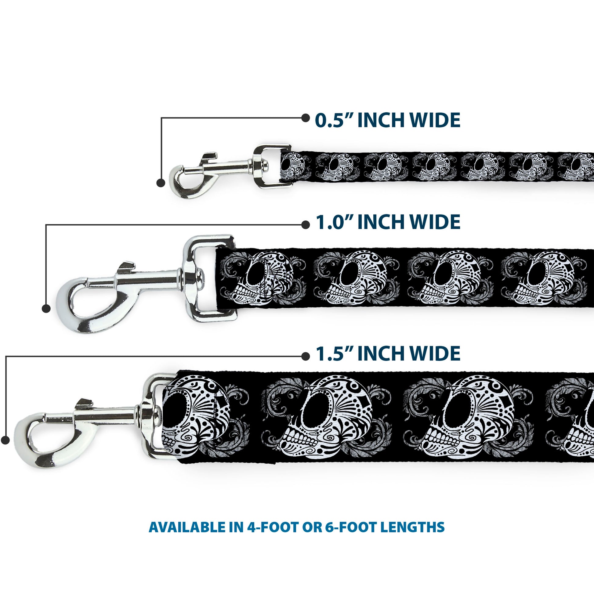 Dog Leash - Tattoo Skull Floral Black/White Dog Leashes Buckle-Down