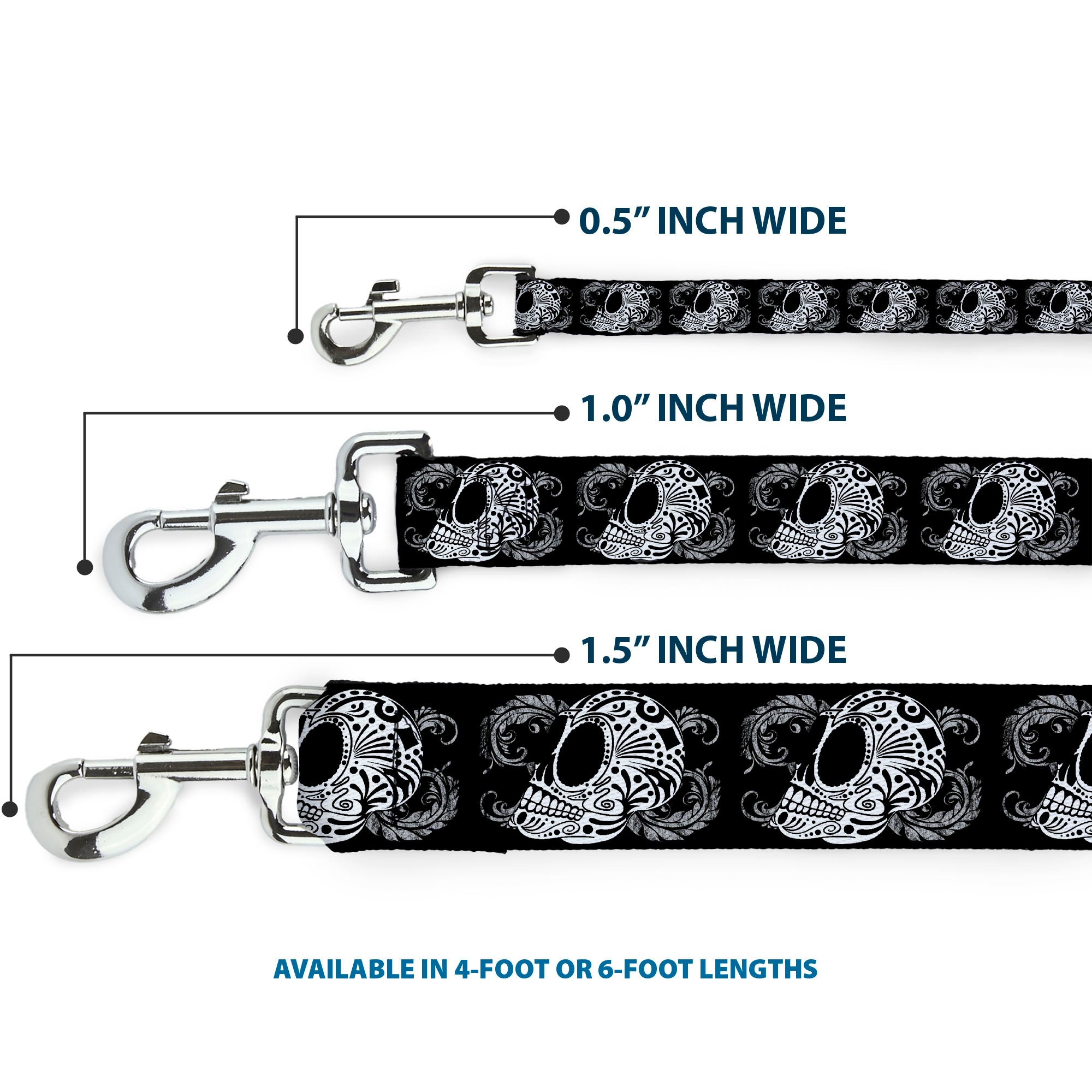 Dog Leash - Tattoo Skull Floral Black/White Dog Leashes Buckle-Down