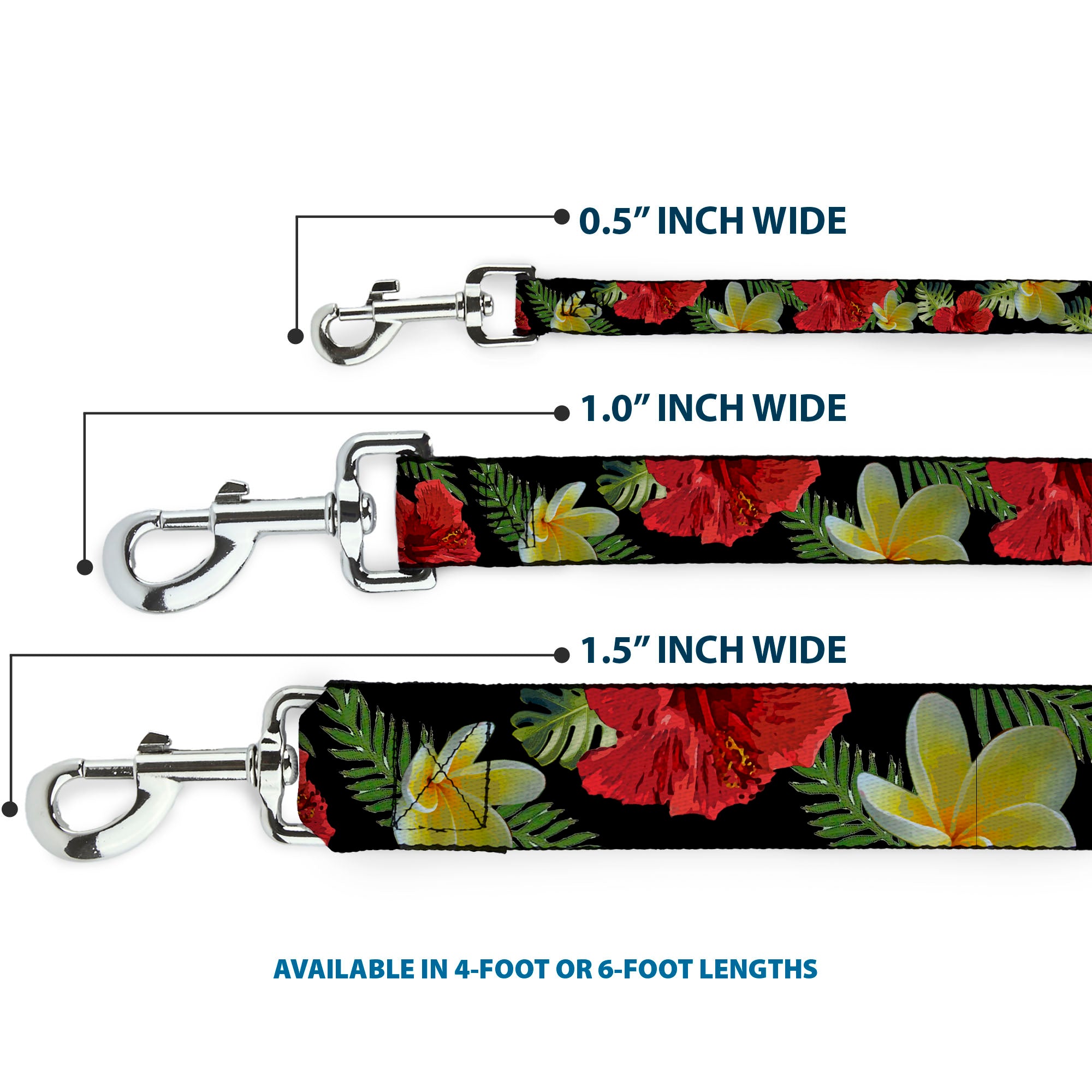 Dog Leash - Tropical Floral Collage Black/Red/Orange Dog Leashes Buckle-Down
