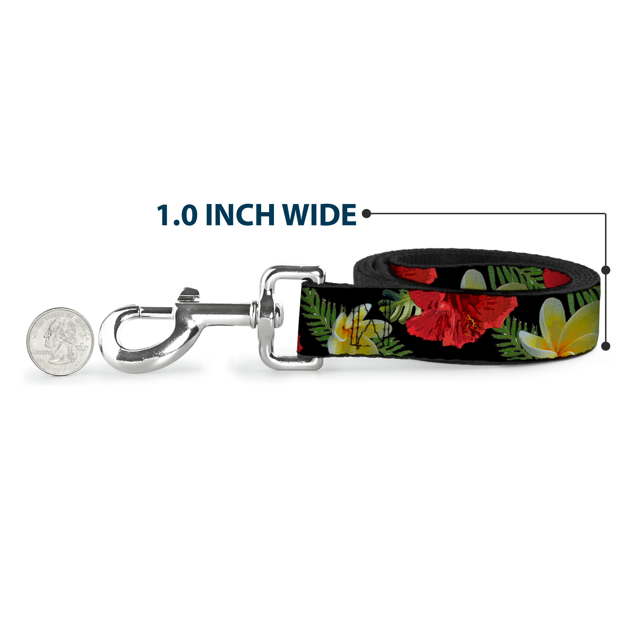 Dog Leash - Tropical Floral Collage Black/Red/Orange Dog Leashes Buckle-Down