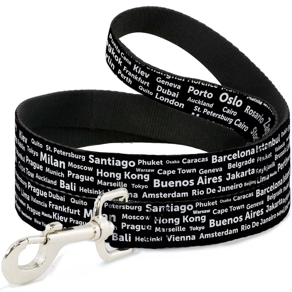 Dog Leash - Verbiage Destination Cities Black/White Dog Leashes Buckle-Down