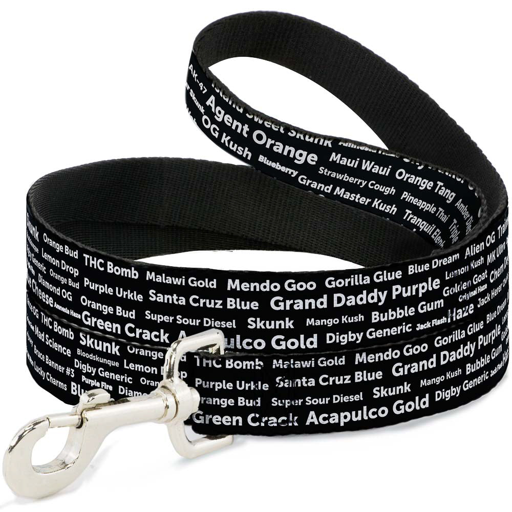 Buckle-Down Dog Leash - Verbiage Marijuana Strains Black/White Dog Leashes Buckle-Down